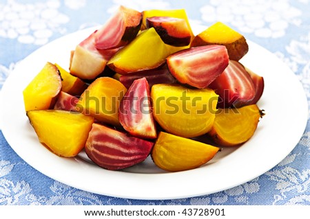 Roasted sliced red and golden beets on a plate
