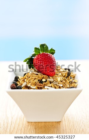 Bowl of granola cereal with fresh strawberry