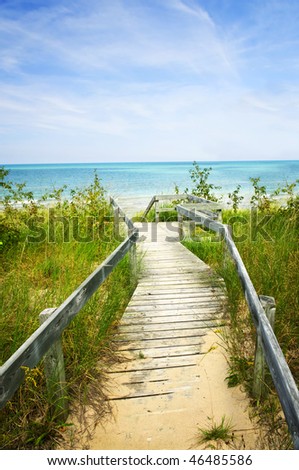 Wooden path over dunes at beach. Pinery provincial park, Ontario Canada