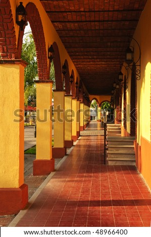 Covered sidewalk in Tlaquepaque shopping district in Guadalajara, Jalisco, Mexico