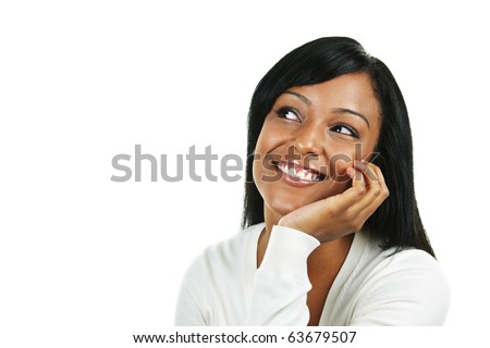 Smiling Black Woman Looking Up Isolated On White Background Stock Photo