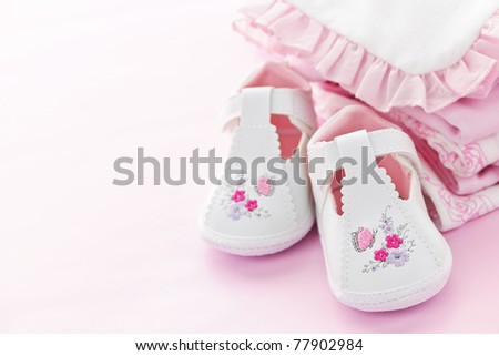Infant Girl Shoes on Stock Photo Infant Girl Clothing And Shoes For Baby Shower On Pink