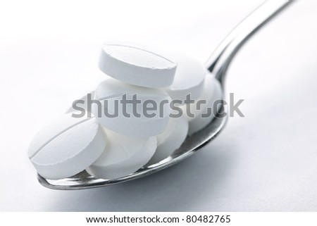Calcium supplement pills piled on metal spoon closeup