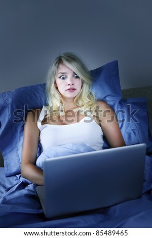 Scared woman using laptop computer in bed at night with wide eyes