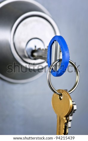 Keys inserted in door lock close up