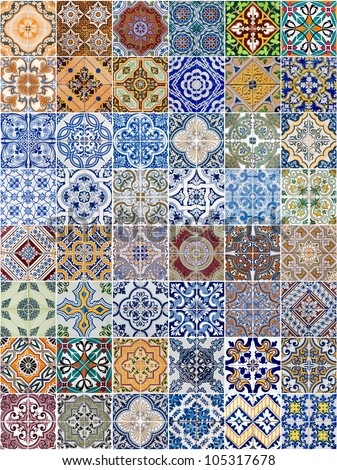 Set Of 48 Ceramic Tiles Patterns From Portugal.