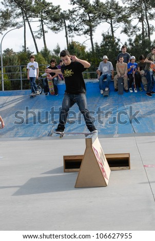 ILHAVO, PORTUGAL - MARCH 16: Joao Dantas on a FS Nose slide during the Skate Open Ilhavo on March 16, 2008 in Ilhavo, Portugal.