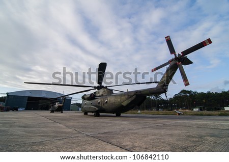 OVAR, PORTUGAL - JULY 04: German CH53 Sea Stalion helicopter during the multinational helicopter exercise Hot Blade 2012 on july 04, 2012 in Ovar, Portugal.