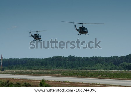 OVAR, PORTUGAL - JULY 06: Austrian Agusta Bell 212 in flight helicopters in flight during the multinational helicopter exercise Hot Blade 2012 on july 06, 2012 in Ovar, Portugal.