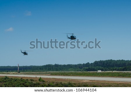 OVAR, PORTUGAL - JULY 06: Austrian Agusta Bell 212 in flight helicopters in flight during the multinational helicopter exercise Hot Blade 2012 on july 06, 2012 in Ovar, Portugal.
