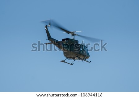 OVAR, PORTUGAL - JULY 06: Austrian Agusta Bell 212 in flight helicopter in flight during the multinational helicopter exercise Hot Blade 2012 on july 06, 2012 in Ovar, Portugal.