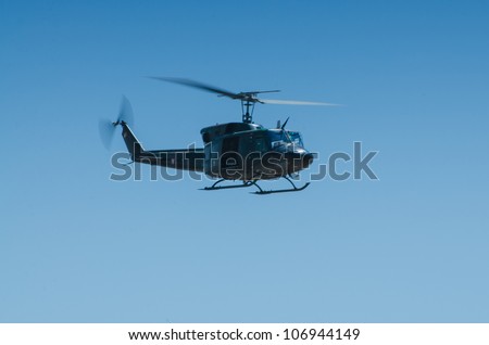 OVAR, PORTUGAL - JULY 06: Austrian Agusta Bell 212 in flight helicopter in flight during the multinational helicopter exercise Hot Blade 2012 on july 06, 2012 in Ovar, Portugal.
