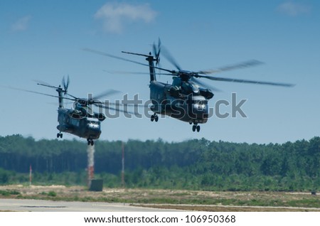 OVAR, PORTUGAL - JULY 06: German CH53 Sea Stalion helicopters during the multinational helicopter exercise Hot Blade 2012 on july 06, 2012 in Ovar, Portugal.