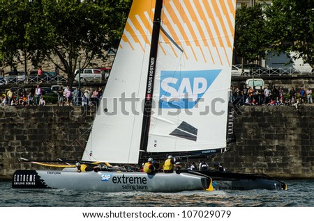 PORTO, PORTUGAL - JULY 07: SAP Extreme Sailing Team compete in the Extreme Sailing Series boat race on july 07, 2012 in Porto, Portugal.