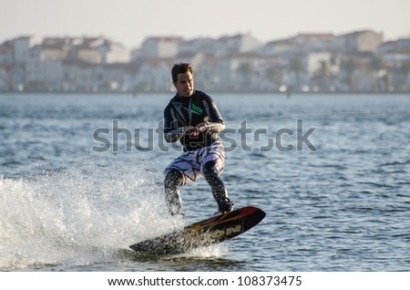 ILHAVO, PORTUGAL - JULY 21: Sergio Lopes  during the wakeboard demo in the 3rd Kiteloop Contest Aveiro 2012 on july 21, 2012 in Ilhavo, Portugal.
