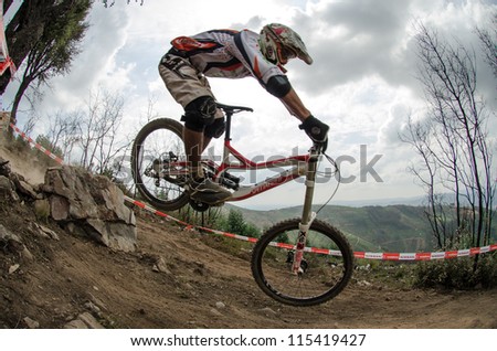 PENELA, PORTUGAL - SEPTEMBER 9: Unidentified rider during the 6th Stage of the Taca de Portugal Downhill Vodafone on september 9, 2012 in Penela, Portugal.