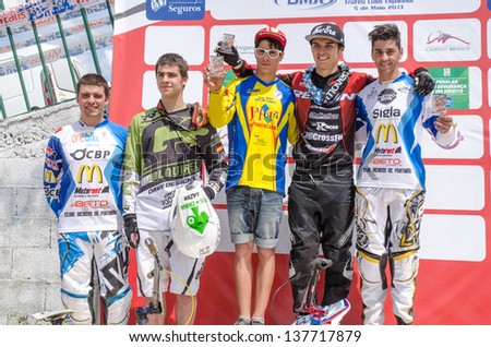 CASTELO BRANCO, PORTUGAL - MAY 5: Juniors Elite podium at the 3rd stage of the Luso-Spanish BMX race Trophy the  on may 5, 2013 in Castelo Branco, Portugal.