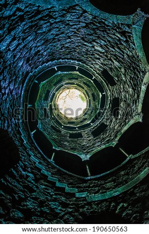 View of the Masonic initiation well in Quinta da Regaleira, Sintra, Portugal.