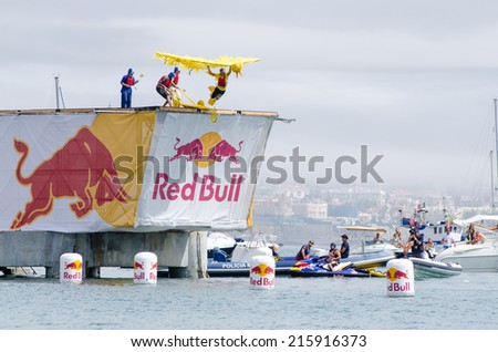 CASCAIS, PORTUGAL - SEPTEMBER 6 2014: Sesame Street Boys team at the Red Bull Flugtag, event in which competitors attempt to fly homemade human-powered flying machines.