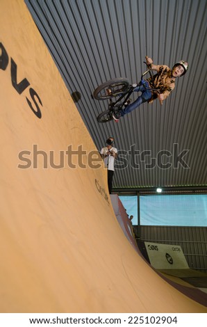 SANTAREM, PORTUGAL - OCTOBER 18, 2014: Leonardo Silvestre during the 3rd Stage of the DVS BMX Series 2014 by Fuel TV.