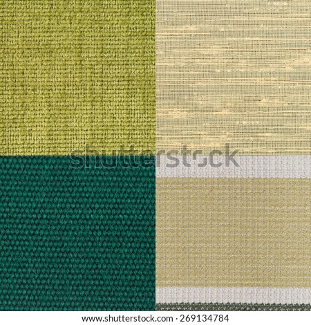 Set of green fabric samples, texture background.