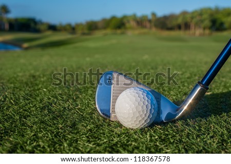 golf ball with iron on nice fairway in early morning