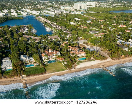 aerial view of atlantic ocean shoreline and luxury homes at boynton beach in palm beach county in florida, winter 2013