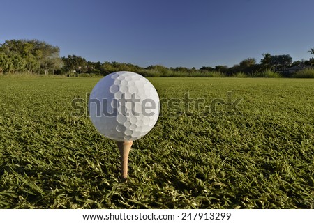 golf ball on tee on cloudless blue sky morning