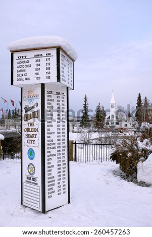 FAIRBANKS, ALASKA- MARCH 7: Fairbanks Alaska visitor marker overlooking the frozen Chena River, where the 2015 Iditorad dog sled race is set to begin in two days.  Shown here on March 7, 2015.