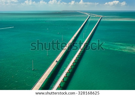 aerial view looking west along the seven mile bridge of US1 to the florida keys