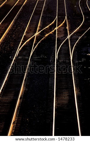 rails reflect golden sunset light leading to train yard