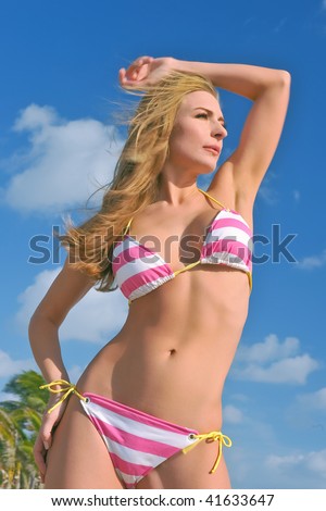 lovely brown haired female bikini model at florida beach on windy day