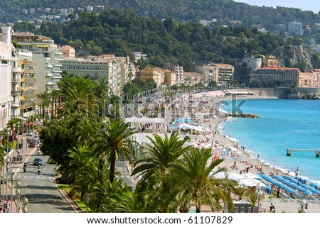 overhead view of waterfront boulevard Promenade des Anglais
 and famous Bay of Angels in Nice France
