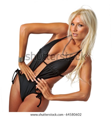lovely blonde female model in black swimsuit isolated on white background with fashion pose fit into square frame