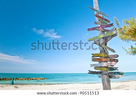 mileage signpost on key west florida beach, with copy space.  this is updated; see image number 93626098