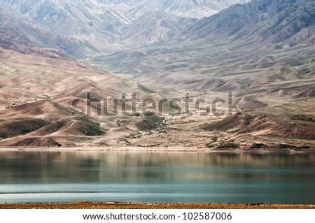 The Bartogay lake in desert mountains,Kazakhstan, the Tien-Shan mountains.