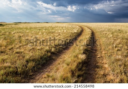 Turn of rural road in the steppes of Kazakhstan