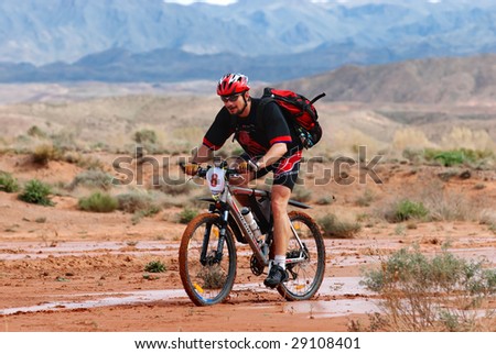 ALMATY, KAZAKHSTAN - May 1: Dmitry Jukov  in action at Adventure mountain bike cross-country marathon in desert \