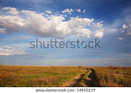 Dry road in steppe and clouds in Kazakhstan