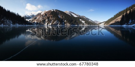 Pano of frozen middle Kolsay lake in Tien-Shan mountains, Kazkahstan