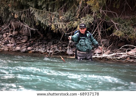 Fly fishing on mountain river