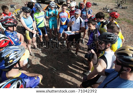ALMATY, KAZAKHSTAN - MAY 2: Route briefing at Adventure mountain bike cross-country marathon in desert \