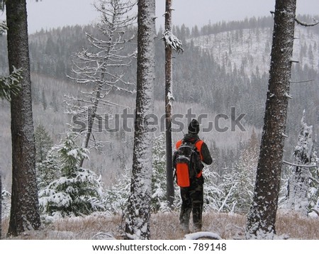 A young hunter is standing in a light snow and watching for animals.