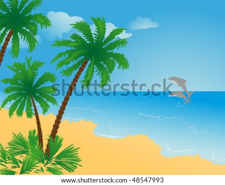 Landscape with the image of palm trees, a beach, clouds, dolphins and the sea.