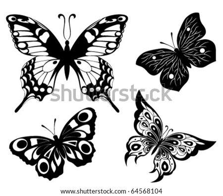 stock vector Black a white set of butterflies of tattoos
