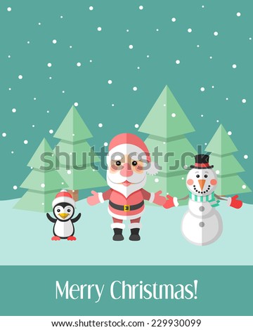 Green holiday Christmas card with winter landscape and Christmas characters