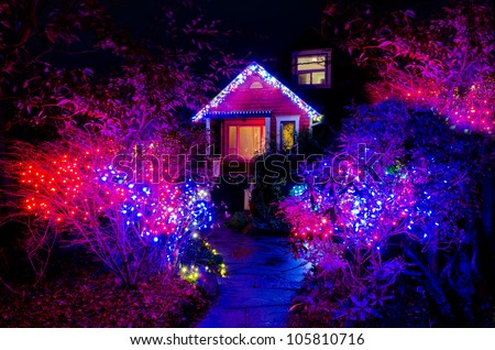 House Decorated and Lighted for Christmas at Night at Vancouver, Canada.
