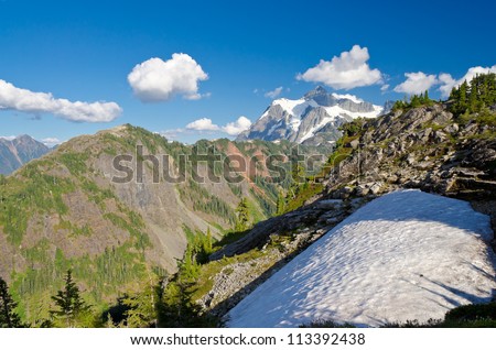 Snow patches at the trail in Mount Baker Visitor Center, WA, USA.
