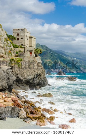 Monterosso in Cinque Terre, Italy, view at the ocean line from mountain trail
