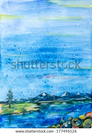 Mountain landscape with lake (river, ocean) and trees painted by watercolor.